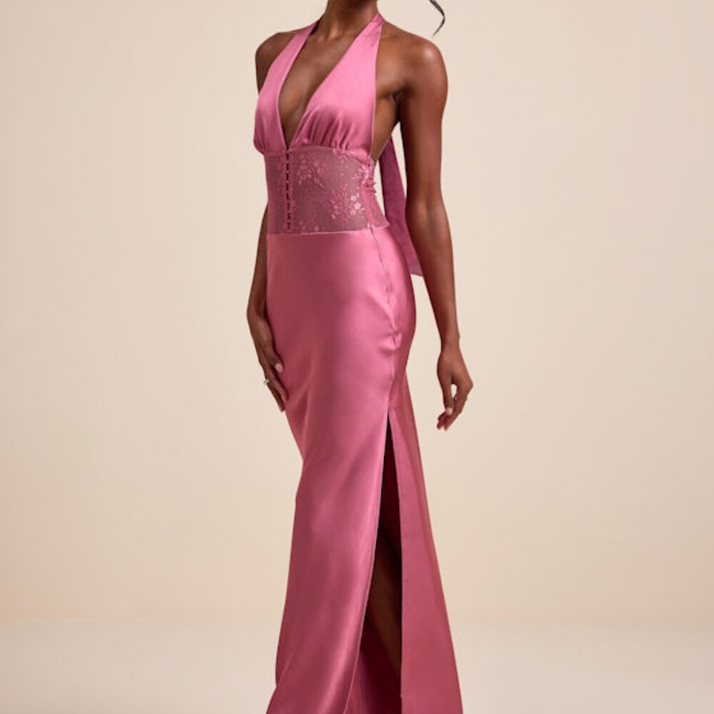 Lulus Lennon Mauve Pink Satin Lace Halter Maxi Dress - Size M